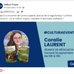 Présentation par le magasin Cultura de Troyes pour ma venue en dédicace le 14 septembre 2024